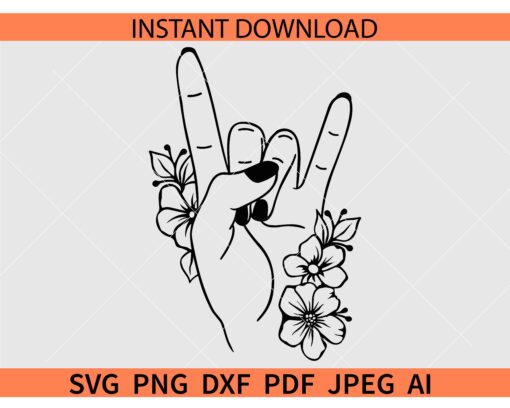 Floral Rock on hand SVG, Rock on hand Flowers SVG, Heavy metal hand with flowers SVG
