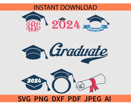 Graduation Monogram Frames Bundle SVG, Graduation Hat Monogram Bundle SVG, Graduation 2024 SVG