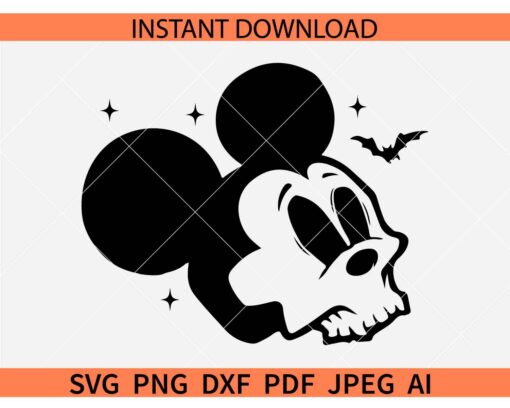 Halloween Mickey Skull SVG, Halloween Skull with Mickey Ears SVG, Disney Skull Head SVG