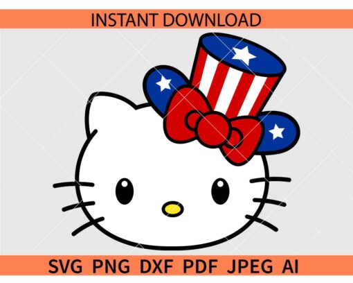 Independence Day Hello Kitty SVG,  4th of July Kitty SVG, Patriotic Kitty with Bow Hat SVG