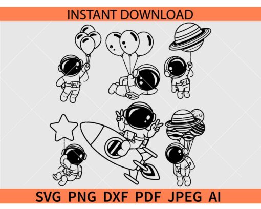 Kid Astronaut Space Rocket Bundle SVG, Cute Astronaut Bundle SVG, Balloon Spaceman Planet Balloon Astro SVG