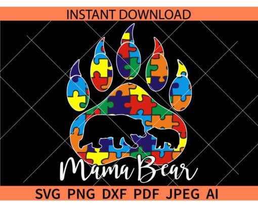 Mama Bear Autism Paw Puzzle SVG, Autism Awareness mama bear with cub SVG