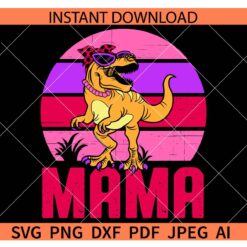 Mama Dino Retro Circle SVG, Retro Sun Mama Dino SVG, Dino with Bow Retro Sun Mama SVG