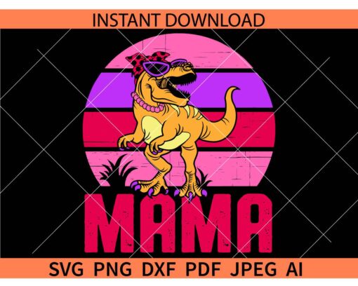 Mama Dino Retro Circle SVG, Retro Sun Mama Dino SVG, Dino with Bow Retro Sun Mama SVG