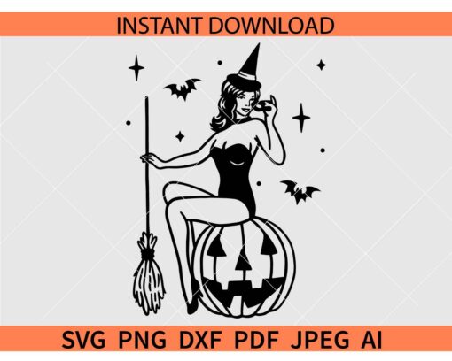 Pumpkin with Halloween Witch SVG, Witch with Broom Pumpkin SVG