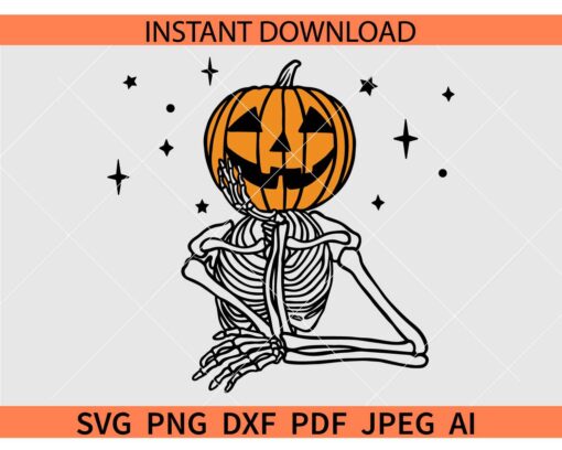 Skeleton Pumpkin Head SVG, Skeleton with Halloween Pumpkin Head SVG