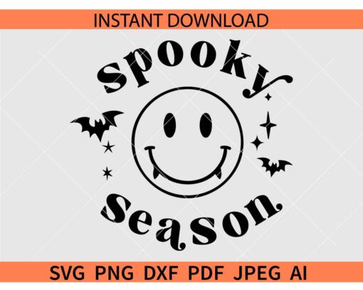 Spooky Season Smile SVG, Spooky Season Smiley Face Bats SVG, Halloween Spooky Season Smile SVG