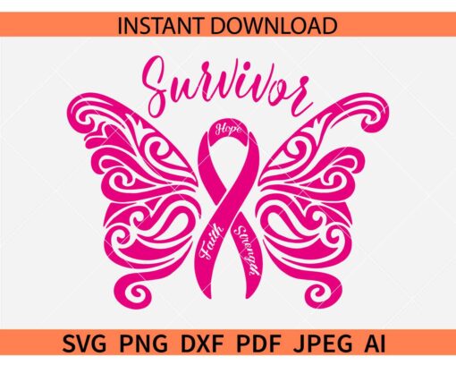 Survivor Cancer Butterfly SVG, Cancer Awareness Butterfly SVG, Faith Hope Strength Survivor Butterfly SVG