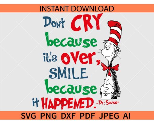 Don't cry because it is over smile because it Happened Dr Seuss SVG, Dr Seuss Quotes SVG