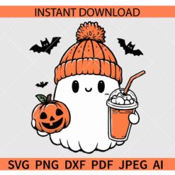 Halloween Ghost with Iced Coffee SVG, Ghost with Halloween Pumpkin SVG, Halloween ghost pumpkin and bats SVG