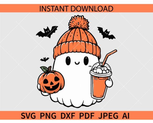 Halloween Ghost with Iced Coffee SVG, Ghost with Halloween Pumpkin SVG, Halloween ghost pumpkin and bats SVG