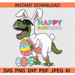 Happy Eastrawr Dino SVG, Easter Dino with Easter eggs SVG, Easter Dino with bunny ears SVG