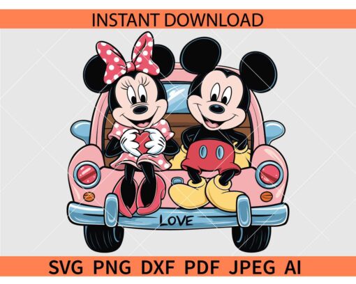 Mickey Minnie Vintage Car Love SVG, Valentine Disney on Classic car SVG, Disney Love SVG