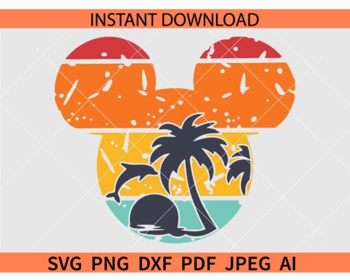 Retro Mickey Beach Scene SVG, Mickey Head with retro beach scene SVG, Disney summer SVG