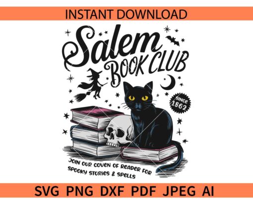 Salem Book Club Since 1862 SVG, Join our coven of reader for spooky stories SVG, Spooky cat books SVG