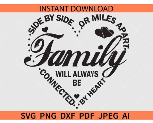 Side By Side or Miles Apart Heart SVG, Family Will Always be Connected By Heart SVG