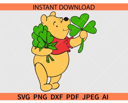 Winnie the Pooh with Clover Leaf SVG, Winnie with Shamrock Leaf SVG, St. Patrick's Day Winnie SVG