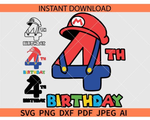 4th Birthday Mario SVG, Happy Birthday Mario SVG, Mario Fourth Birthday SVG