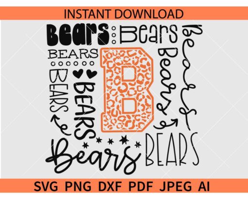 Bears Typography SVG, Bears Baseball Leopard Print SVG, Bears Softball SVG, Bears Team Typography SVG