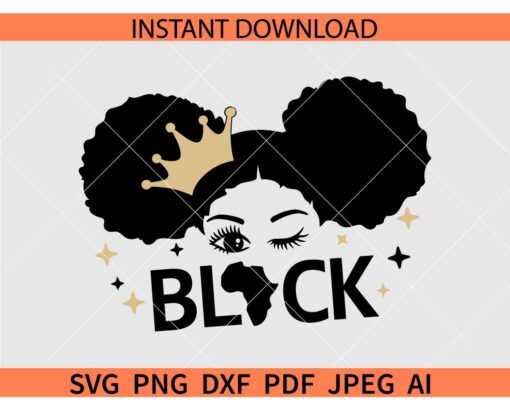 Black girl afro Winking SVG, Winking Black Queen Girl SVG, Black Afro Girl with Crown SVG