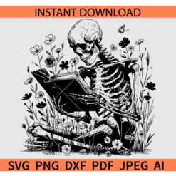 Book Reading Skeleton SVG PNG JPG , Floral Skeleton Reading Book SVG, Wildflower Skelton Reading Book Silhouette SVG