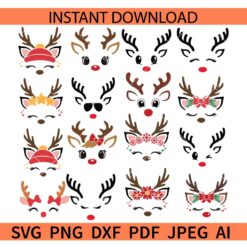 Christmas Reindeer Faces Bundle Svg, Girl Reindeer Bundle Svg, Boy Reindeer Bundle Svg