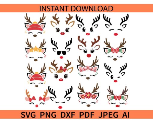 Christmas Reindeer Faces Bundle Svg, Girl Reindeer Bundle Svg, Boy Reindeer Bundle Svg