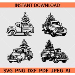 Christmas Truck Bundle svg, Vintage Truck Carrying Christmas Tree Clipart SVG