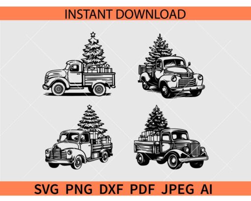Christmas Truck Bundle svg, Vintage Truck Carrying Christmas Tree Clipart SVG