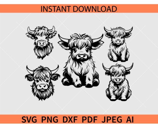 Cute Highland Cow Sitting Bundle SVG, Baby Highland Cow Bundle SVG, Highland Calf Bundle SVG
