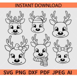 Cute Reindeer Outline Svg, Holly Reindeer Face Svg, Christmas reindeer SVG Bundle