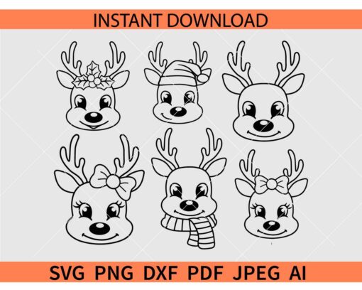 Cute Reindeer Outline Svg, Holly Reindeer Face Svg, Christmas reindeer SVG Bundle