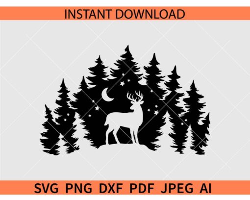 Deer Night Scene SVG, Deer Moon Silhouette Silhouette SVG, Deer in the pine forest SVG