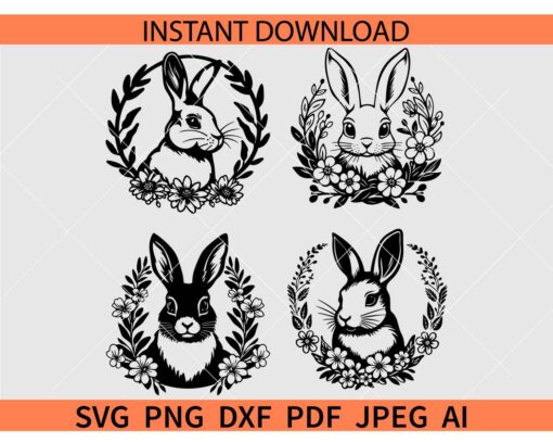 Easter Floral Rabbit Bundle svg, Floral Rabbit svg, Floral Bunny Bundle SVG, Easter Bunny With Flowers svg
