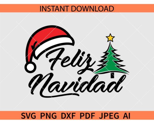 Feliz Navidad Christmas Tree SVG, Santa Hat Feliz Navidad Svg, Spanish Christmas Svg
