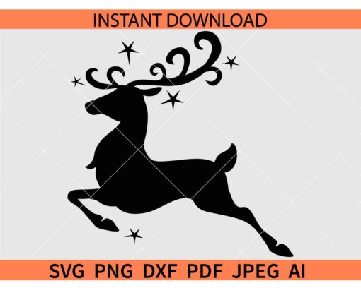 Flying Deer Silhouette SVG, Running Reindeer Stars SVG