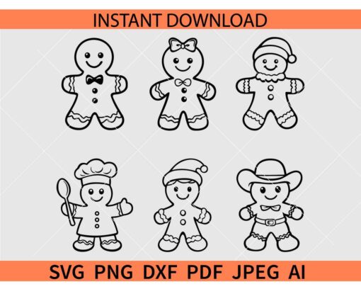 Gingerbread Man Bundle SVG, Christmas Cookie Bundle SVG, Gingerbread Man Line art Bundle SVG