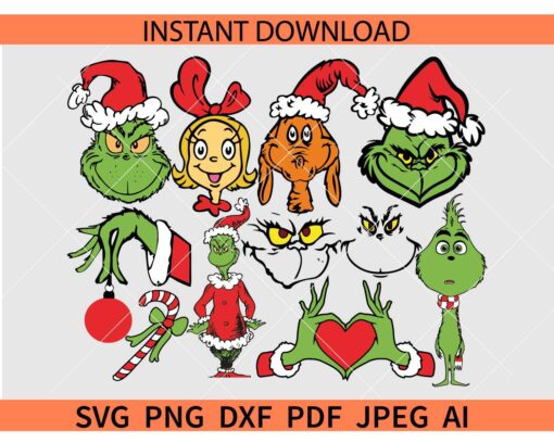 Grinch Face Bundle SVG, Grinch Love Hand SVG, Colored Grinch SVG Bundle