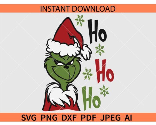 Grinch Face Ho Ho Ho SVG, Smiley Grinch Ho Ho Ho SVG, Grinch Smile Snowflakes SVG