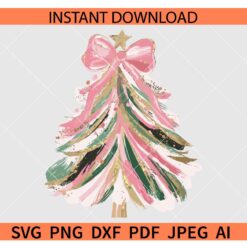 Hand drawn Water Color Christmas Tree SVG, Brush strokes Coquette Pink Xmas Tree SVG