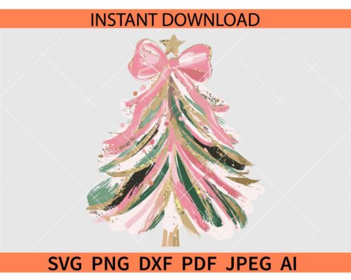 Hand drawn Water Color Christmas Tree SVG, Brush strokes Coquette Pink Xmas Tree SVG