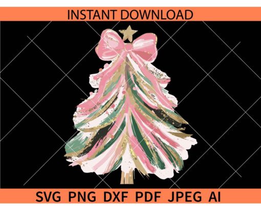 Hand drawn Water Color Christmas Tree SVG, Brush strokes Coquette Pink Xmas Tree SVG