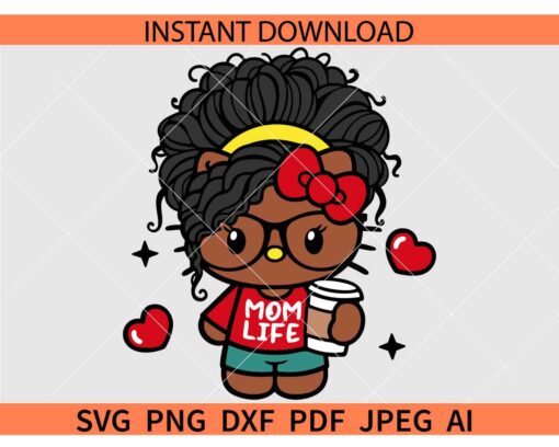 Hello Kitty Afro mom life SVG, Mom Life Hello Kitty SVG, Mom Life with Iced Coffee Hello Kitty SVG