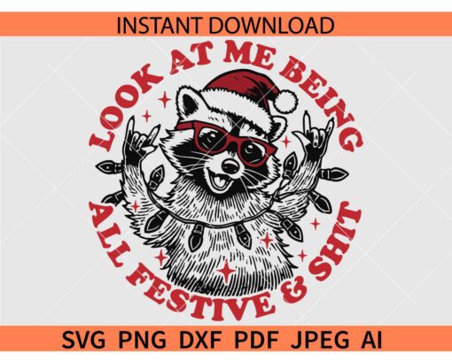 Look at me being all Festive and Shit Santa Racoon SVG, Christmas Feral girl SVG