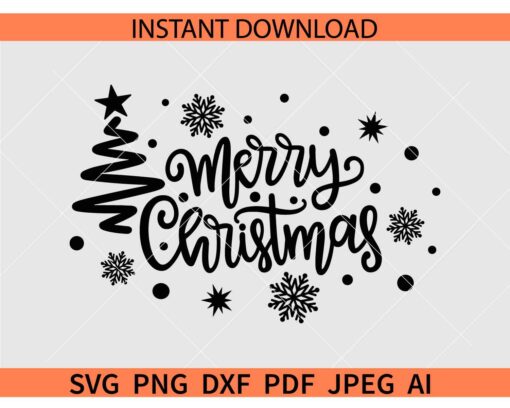Merry Christmas Tree SVG, Snow Flakes Merry Christmas Trees SVG, Christmas Saying SVG