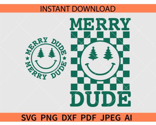 Merry Dude Smiley Face SVG, Merry Dude Checkered Board SVG, Merry Christmas Dude SVG