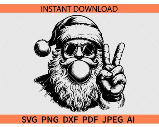 Santa Blowing Bubble Silhouette SVG, Retro Christmas Santa Peace Out SVG, Peace Hand Santa With Sunglasses SVG