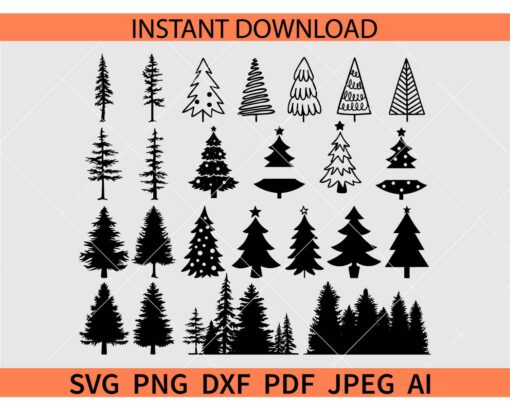 Super Christmas Tree SVG Bundle, Christmas Tree Silhouette ClipArt SVG, Winter Tree Bundle SVG Dxf, Png, Eps,Svg