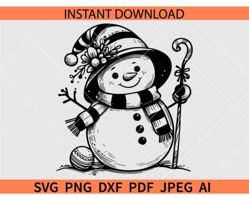 Cute Snowman with Santa Hat SVG, Santa Snowman with candy cane Silhouette SVG