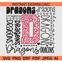 Dragons Typography SVG, Leopard Print Dragons Cheer SVG, Dragons Football SVG